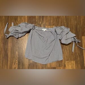 NWOT. Active USA white and navy stripes Ruffled Off-the-Shoulder Crop Blouse